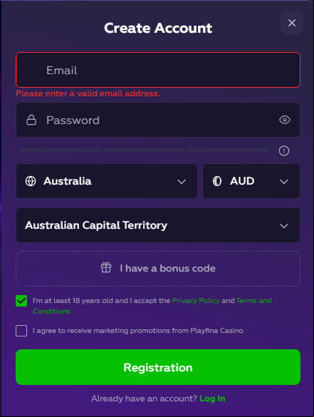 playfina casino registration process
